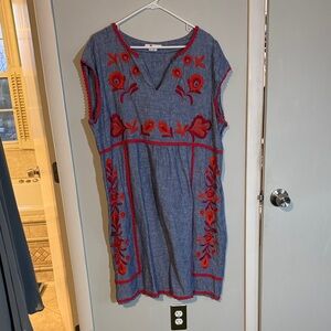 Boden Blue Chambray Midi Dress with Red embroidery